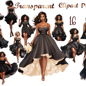 16 Black Woman clipart, Bridesmaid clipart, Prom Black girl clipart, Women of Color clipart,clipart for Planner Sticker, black dress clipart image 8