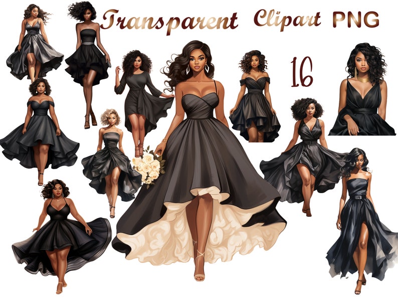 16 Black Woman clipart, Bridesmaid clipart, Prom Black girl clipart, Women of Color clipart,clipart for Planner Sticker, black dress clipart image 8