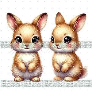 Puede incluir: Dos ilustraciones adorables de conejitos beb&eacute;s. Los conejitos tienen ojos grandes y expresivos, orejas largas y pelaje suave y esponjoso en tonos marrones y beige. La obra de arte tiene un estilo caprichoso y de dibujos animados, perfecto para productos infantiles o dise&ntilde;os tem&aacute;ticos de Pascua.