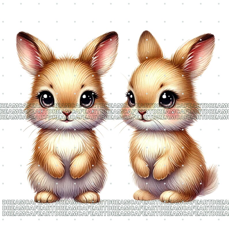 Puede incluir: Dos ilustraciones adorables de conejitos beb&eacute;s. Los conejitos tienen ojos grandes y expresivos, orejas largas y pelaje suave y esponjoso en tonos marrones y beige. La obra de arte tiene un estilo caprichoso y de dibujos animados, perfecto para productos infantiles o dise&ntilde;os tem&aacute;ticos de Pascua.