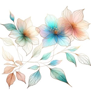 May include: A delicate watercolor illustration of a floral bouquet with blue, pink, and white flowers and leaves. The flowers have a translucent, ethereal quality, and the leaves are outlined in gold.