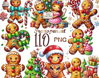 Gingerbread Man Clipart bundle, 110 PNG Christmas clipart, Festive Cookie Graphics, Holiday Printables, Commercial Use, Digital Download
