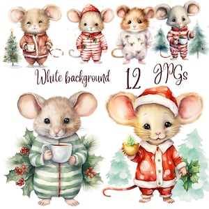 12 Christmas Mouse Clipart - High Quality JPGs -Digital Download -Card Making, Mixed Media,Digital Paper Craft,Watercolor clipart, Cute mice