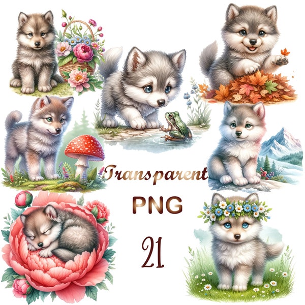 21 PNG, Charming Wolf Clipart, Baby wolf clipart bundle, Adorable Wolf Clipart Bundle, Forest Nursery Wall Art,  sublimation design