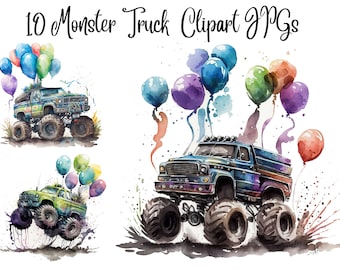 10 Monster truck,party clipart, happy birthday,balloons clipart, birthday party,JPGs, watercolor clipart, Commercial Use,Digital Download