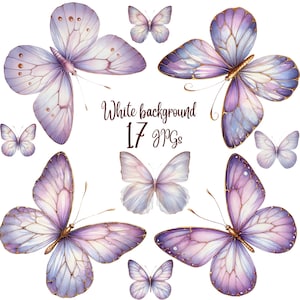 17 JPG, Watercolor Purple Butterfly Clipart, Butterfly Purple Golden clipart,Purple Butterfly,Purple Butterfly clipart,  Digital Download