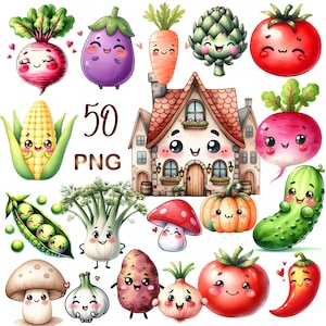 50PNG, Cute Vegetable Clipart bundle, Watercolor Vegetable clipart, Garden Clip Art, Healthy Food clipart, Vegetable clipart,dtf png bundle
