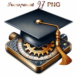 May include: A gold compass with a black graduation cap on top. The compass has a gold gear and a black dial with white numbers. The tassel of the graduation cap is gold.