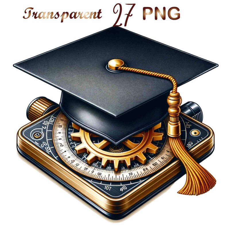 May include: A gold compass with a black graduation cap on top. The compass has a gold gear and a black dial with white numbers. The tassel of the graduation cap is gold.