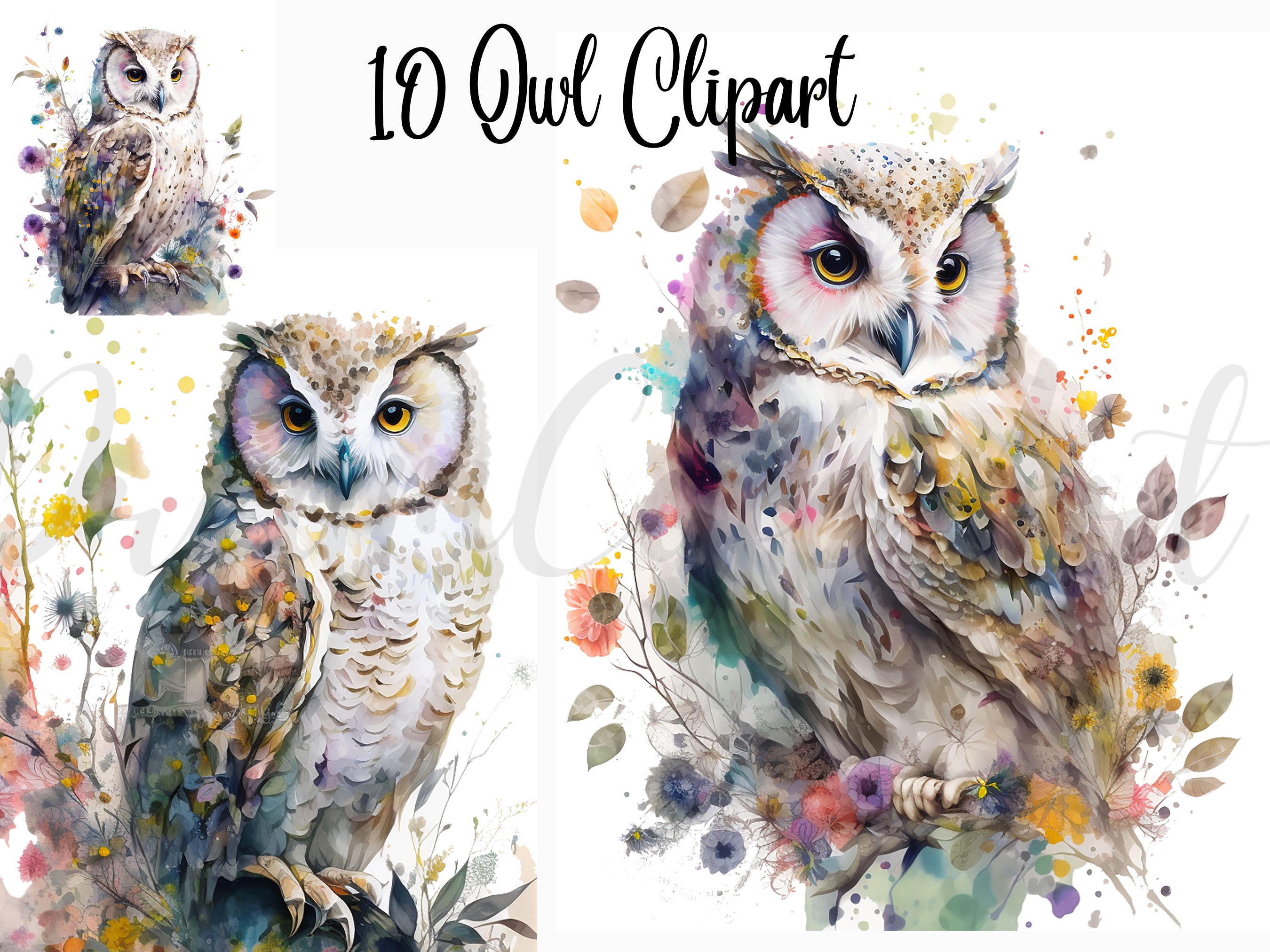 10 Owl Watercolor Clipart, Commercial use,JPGs, Digital Paper Crafting, Mixed Media, Watercolor clip