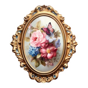 May include: A gold oval frame with ornate detailing surrounds a painting of pink, white, and blue flowers with a purple butterfly.