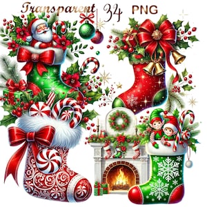 May include: Three Christmas stockings with different designs and colors. One stocking is green with a white fur cuff and candy canes. Another stocking is red with a green cuff and bells. The third stocking is green with a white fur cuff and a snowflake design. A fireplace with a lit fire is in the background.