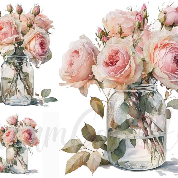 11 Roses in a Glass Vase Clipart, JPGs, Commercial use, Digital Download, Mixed Media, Digital Paper Craft, Watercolor clipart,Roses clipart