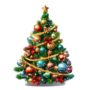 May include: A green Christmas tree decorated with colorful ornaments, gold ribbon, and a star on top.