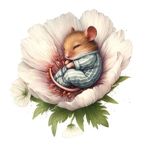 May include: A small, brown mouse wearing blue and white striped pajamas sleeps soundly inside a large, white flower with pink accents.