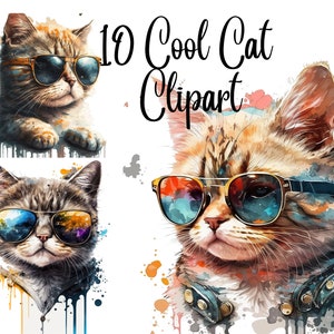 10 Cool Cat Clipart, Cat in sunglasses,cat clipart,pet clipart,kitten clip art,cute cat clipart, JPGs, Commercial Use,Digital Download