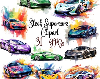 31 Sleek Supercars Clipart, High Quality JPGs, Scrapbooking, Junk Journals, Planners, Sublimation, Wall Art, Commercial Use, Download