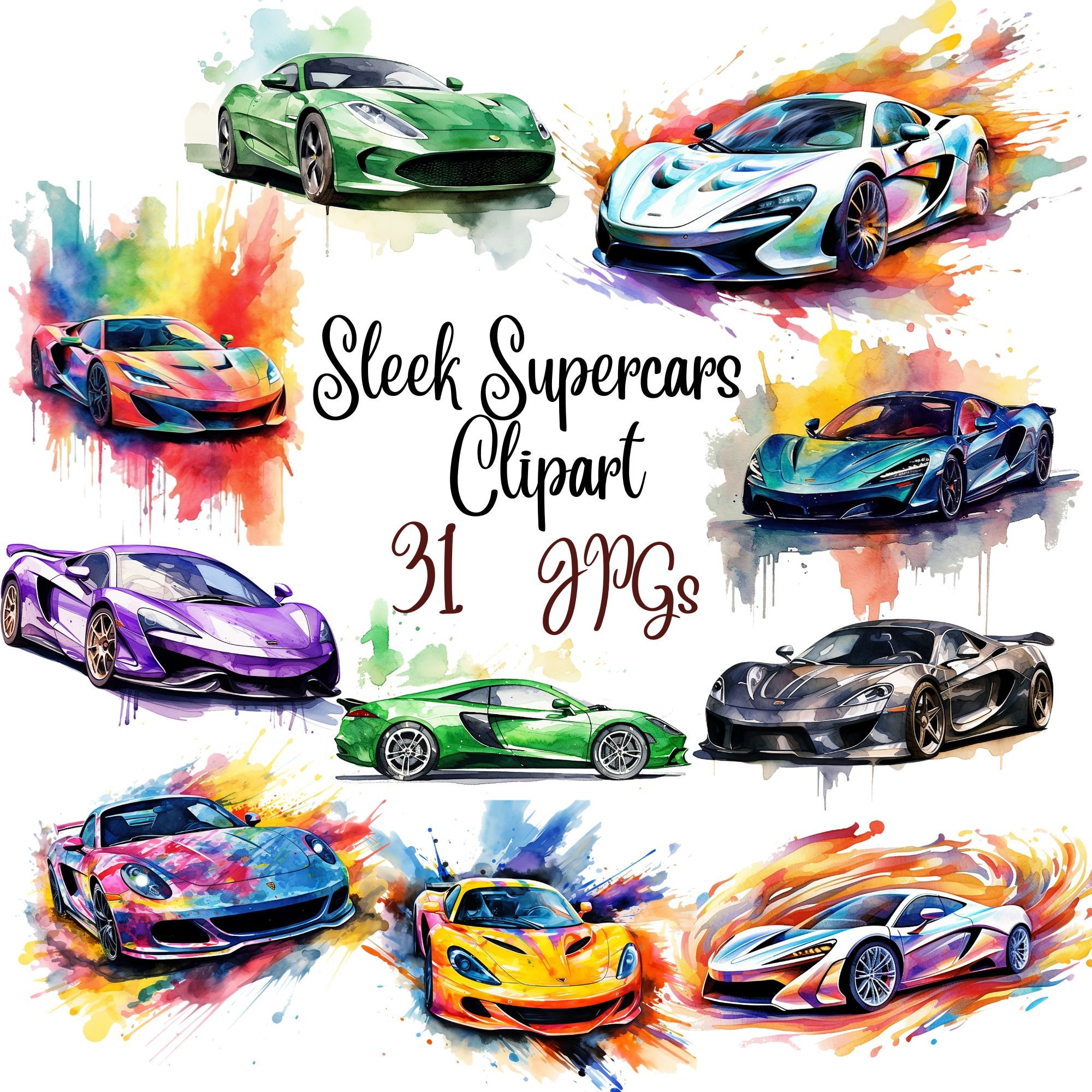 31 Sleek Supercars Clipart, High Quality Jpgs, Scrapbooking, Junk