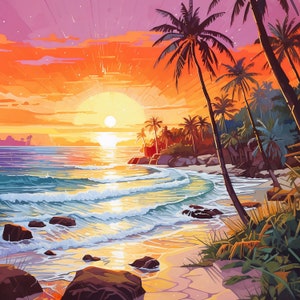 May include: A vibrant sunset over a tropical beach with palm trees and turquoise water. The sun is setting behind the horizon, casting a warm glow over the scene. The beach is sandy and there are rocks in the water.