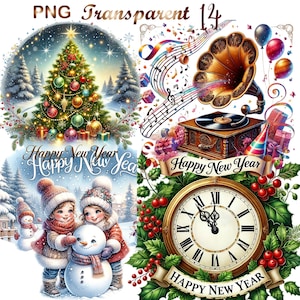 14 PNG set 2 Happy New Year Clipart bundle, Watercolor  Happy New Year clipart, Christmas clipart bundle, Digital Download
