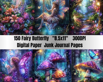 150 JPGs, Fairy Butterfly Digital  Paper, Forest Digital  Paper, Butterfly Background,Magical Fairy Backdrop, Butterfly Junk Journal Paper