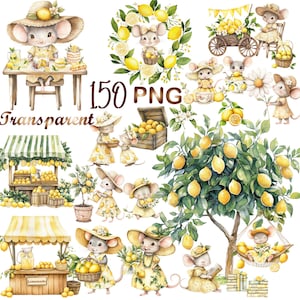 May include: Watercolor illustrations featuring adorable mice in yellow dresses and sun hats, surrounded by lemons and lemon trees. The image includes scenes of mice at a lemonade stand, with a lemon cart, and enjoying a picnic. The text "150 PNG Transparent" is also included.