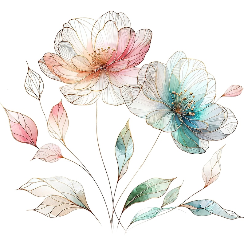 May include: A watercolor painting of delicate flowers with gold outlines. The flowers are pink, blue, and green, and the leaves are green and brown.