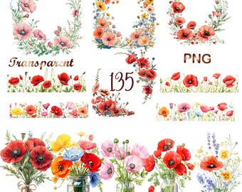 Amapolas en acuarela, 135 PNG, flores de amapola, coronas y ramos florales, fondo transparente, descarga instantánea