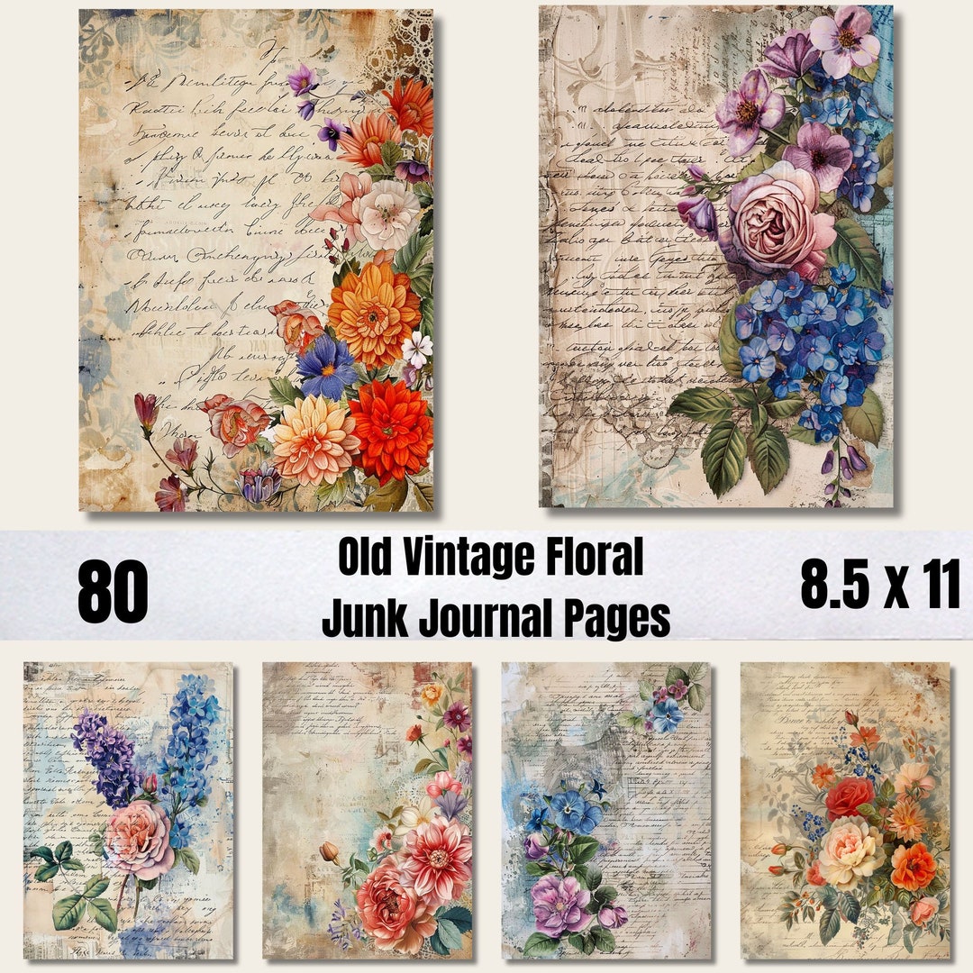 80 Vintage Floral Junk Journal Pages, Digital Scrapbook Paper Kit ...