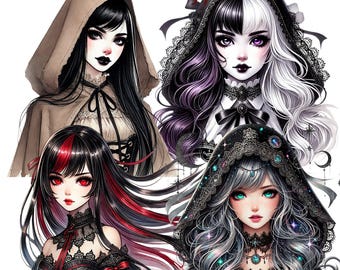 May include: Three digital illustrations of anime-style women with dark hair and elaborate clothing. The women are wearing black and white clothing with lace accents. The women have dark eyes and red lips. The background is white.