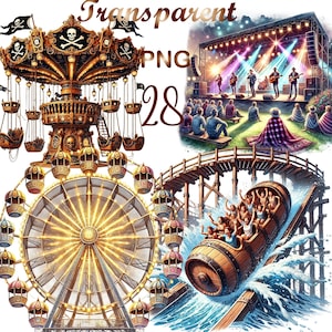 Könnte beinhalten: Eine farbenfrohe Illustration einer Karnevals-Szene mit einem Piraten-Karussell, einem Riesenrad, einer Achterbahn und einer Bühne mit einer Band, die spielt. Die Illustration ist vor einem blauen Himmel mit Wolken platziert.