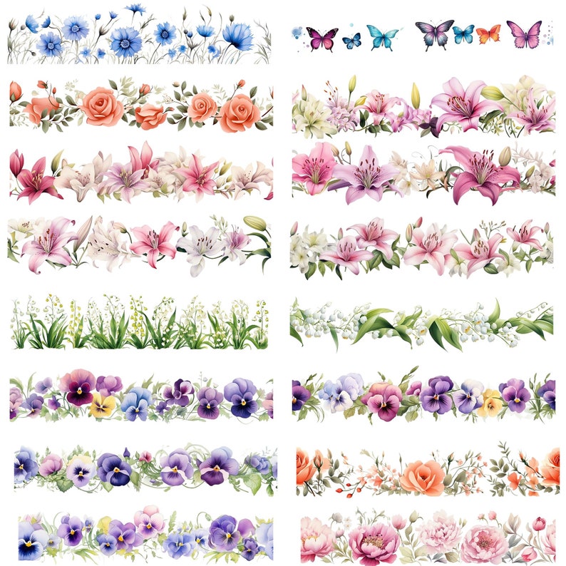 botanical border, seamless border, wildflower frame, flower border png, watercolor border, garden clipart, wedding border, digital flower art, floral clipart, floral png, flower frame png, scrapbook border, seamless floral
