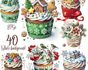 40 JPG, Christmas Cupcake Clipart Bundle, Festive Holiday Desserts Sweet Treats, Winter Cup Cake, Digital Illustrations, Commercial Use