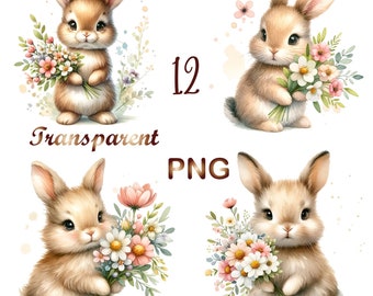 12 PNG/JPG, Watercolor Pastel Rabbit Clipart, Bunnies PNG, Floral bunny clipart, easter bunny png, Bunniessublimation, cute Bunnies png