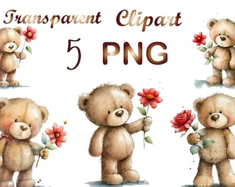 5 Watercolor Teddy bear clipart png, teddy bear png, teddy, bear clipart, watercolor bear, baby shower clipart, cute bear, digital download