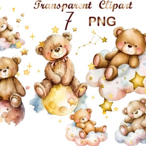 May include: Seven watercolour illustrations of brown teddy bears on clouds and moons. The bears are wearing bows and have a sweet expression on their faces. The background is white with gold stars.