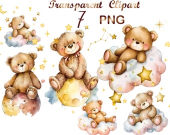 Watercolor Teddy Bear Clipart: Baby Shower PNG (Digital Download)