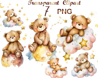 7 Watercolor Teddy bear clipart png, teddy bear png, teddy, bear clipart, watercolor bear, baby shower clipart, cute bear, digital download