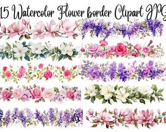 15 Clipart de bordure de fleurs, JPG de haute qualité, Téléchargement numérique - Fabrication de cartes, Techniques mixtes, Artisanat en papier numérique, Clipart floral