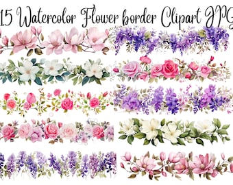 15 Clipart de bordure de fleurs, JPG de haute qualité, Téléchargement numérique - Fabrication de cartes, Techniques mixtes, Artisanat en papier numérique, Clipart floral