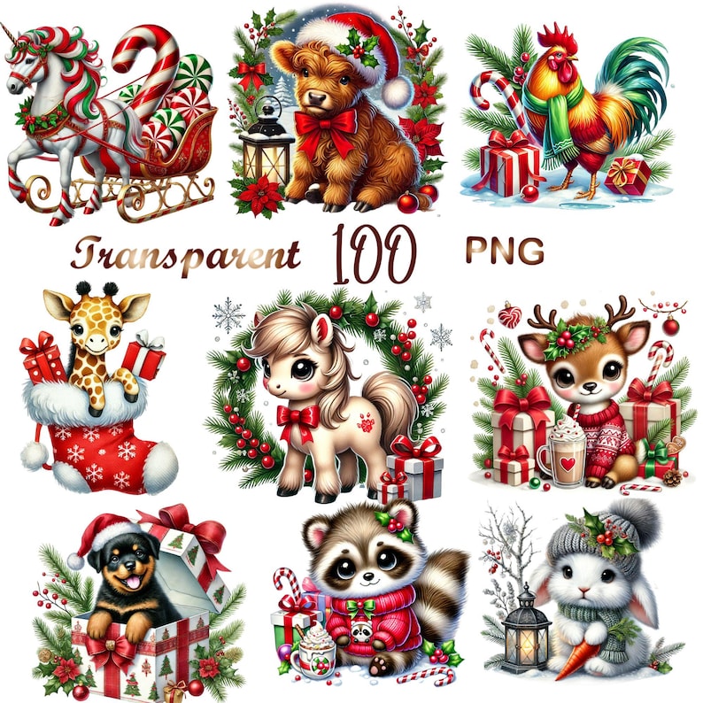 Winter Animals Clipart Bundle 100 PNG, Christmas Animal Graphics, Cute ...