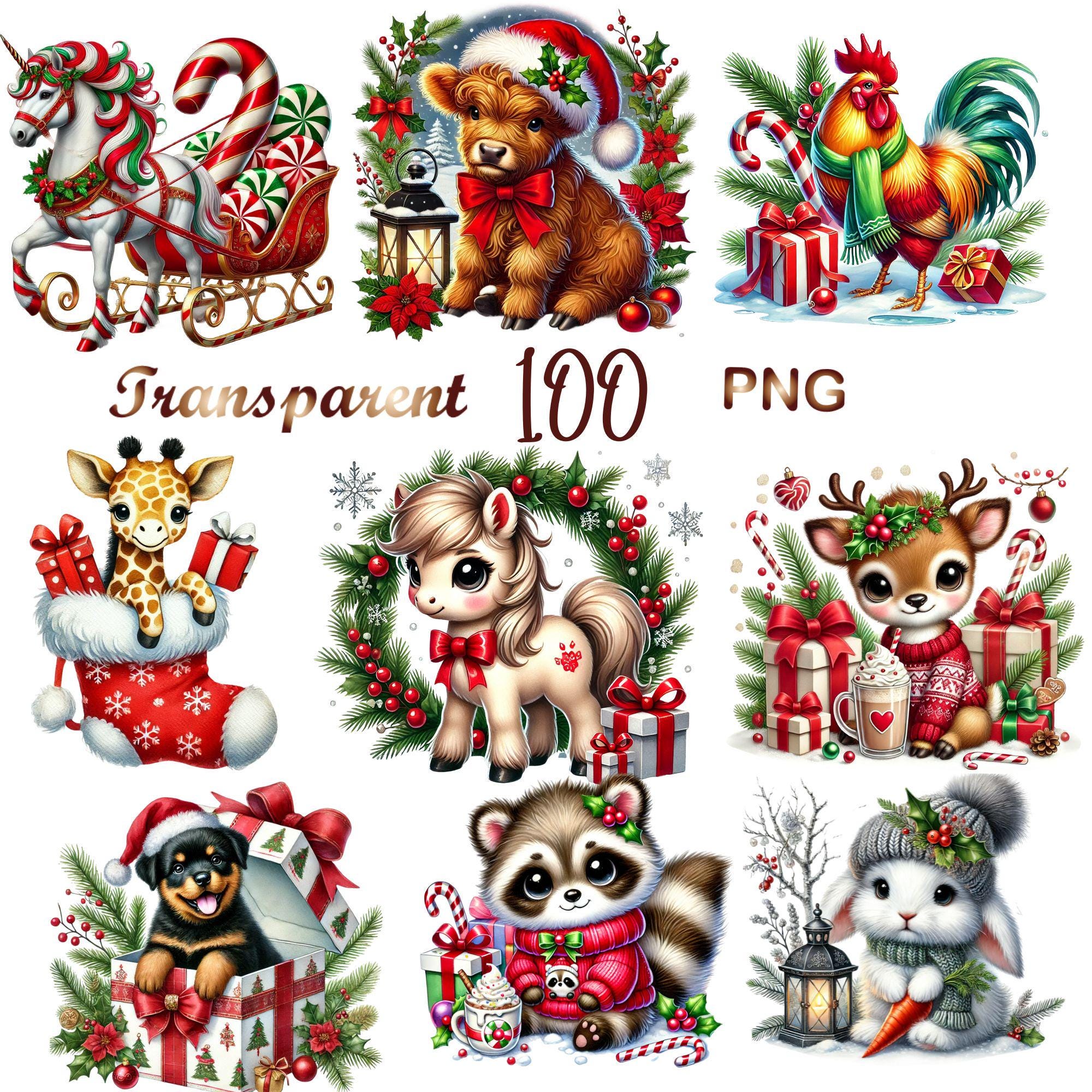 Winter Animals Clipart Bundle 100 PNG, Christmas Animal Graphics, Cute ...