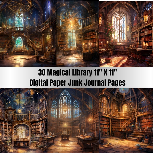 30 Printable  Magical Library Digital Paper,JPGs,Magical Library Background,Magical Library Backdrop,Magical Library Junk Journal Paper
