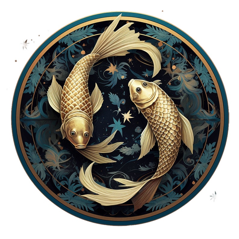 May include: Two gold fish swimming in opposite directions on a dark blue circular background with gold and blue floral designs.