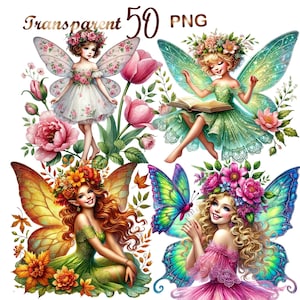 May include: Four digital illustrations of fairies with wings, flowers, and butterflies. The fairies are wearing floral crowns and dresses. The background is white.