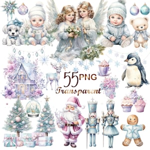 55 Watercolor Pastel Christmas Png Clipart, Christmas tree, Cottagecore Watercolor Winter bundle - Junk Journals Invitations Sublimation etc