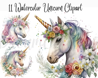 11 Unicorn Clipart, JPGs, Digital Download, Commercial Use, Mixed Media, Digital Paper Craft, Watercolor clipart,  Unicorn