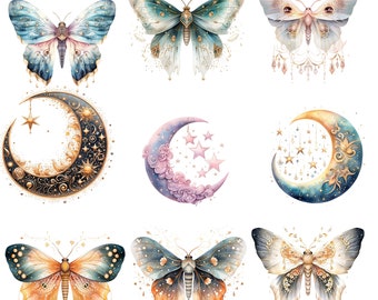 25 Magical Moths & Moon Watercolor Clipart JPGs,Fantasy style,Magical clipart, Witchcraft Bundle, Wiccan, Mystical clipart, Pagan clipart
