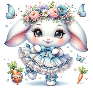 May include: A white bunny wearing a blue dress with white lace trim and a flower crown. The bunny has large, brown eyes and a pink nose. There are butterflies and carrots in the background.