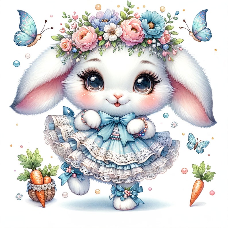 May include: A white bunny wearing a blue dress with white lace trim and a flower crown. The bunny has large, brown eyes and a pink nose. There are butterflies and carrots in the background.